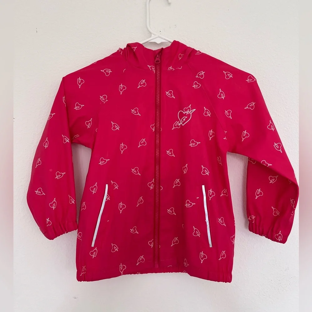 Girls Pink Waterproof Raincoat Hooded Jacket Hearts EU 116 US 5-6